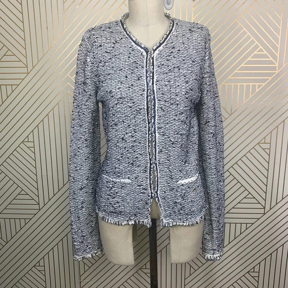 Escada Harbor Blue Tweed Fringe Knit Sweater Blazer Jacket Size US Small